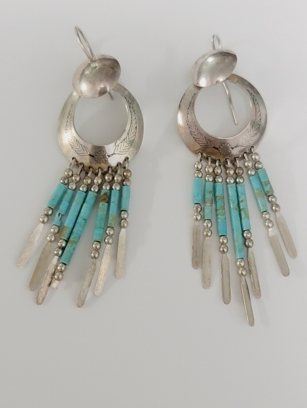 Vintage Silver and Turquoise Fringe Dangle Earrings - Vintage
